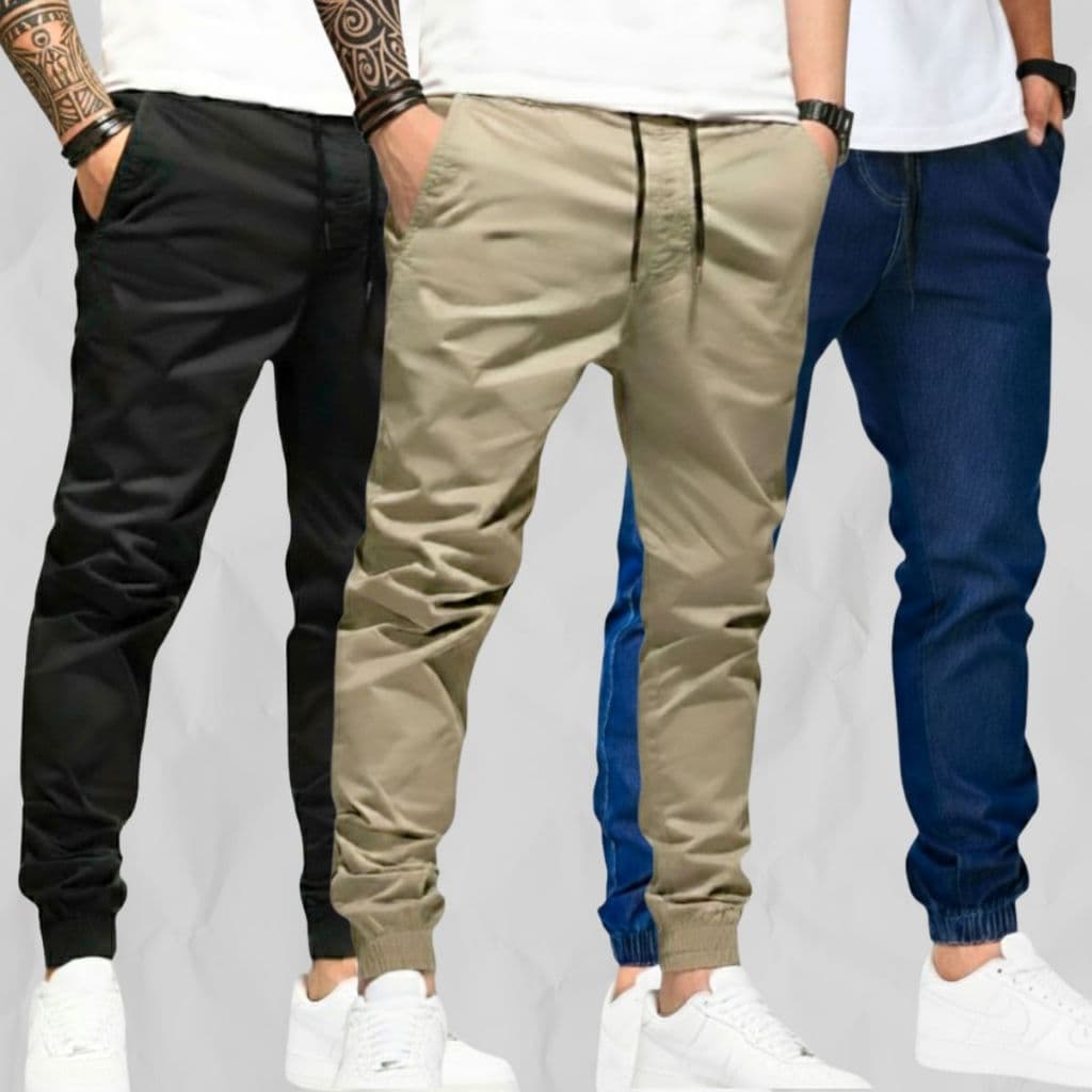 Kit 3 Calças Jogger Masculina Sarja Slim Fit com Punho e Bolsos