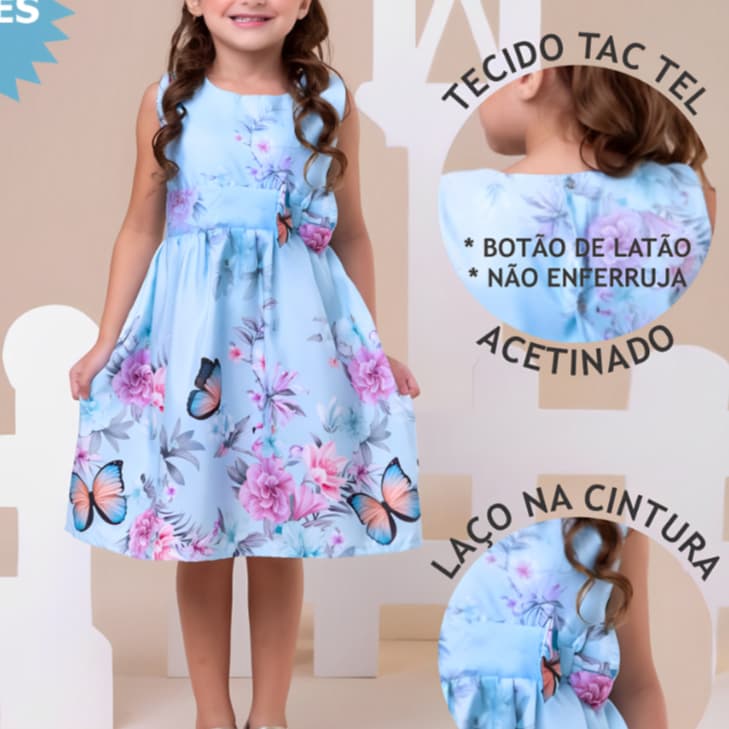 Vestido  Infantil Menina Floral Azul com Borboletas Claro Casual  festa 04 ao 10 anos