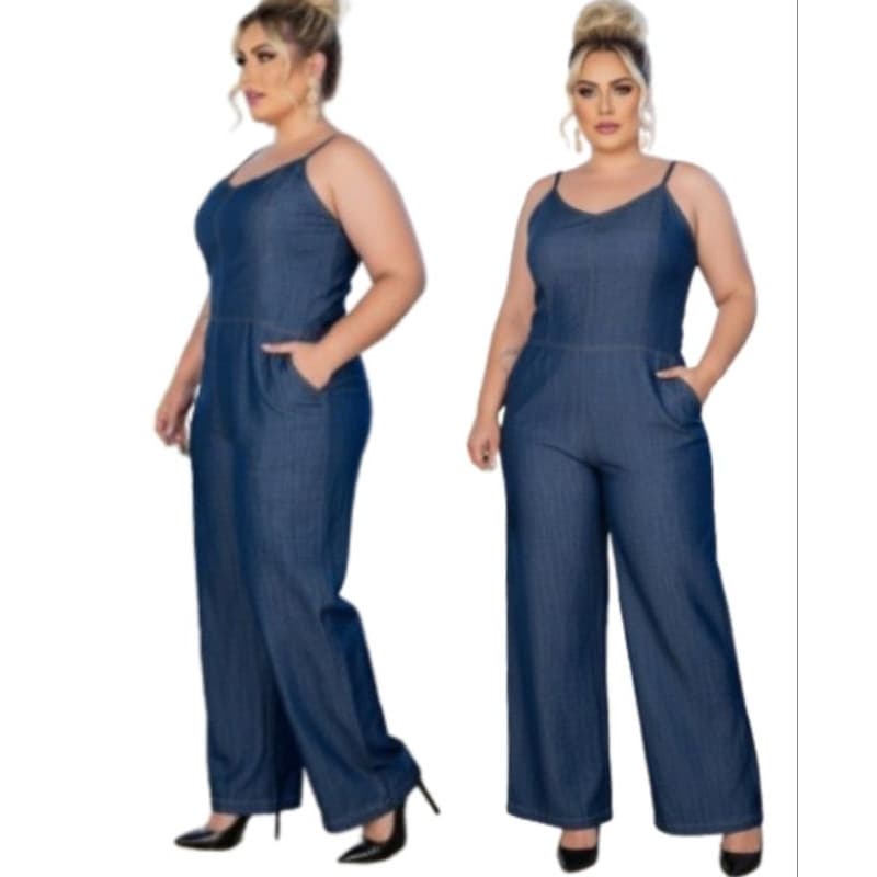 Macacão Longo Plus Size Calça Pantalona Jeans Feminina Wide Leg Cos Alto Maquinho Jeans Verão Moda Social 46*48*50