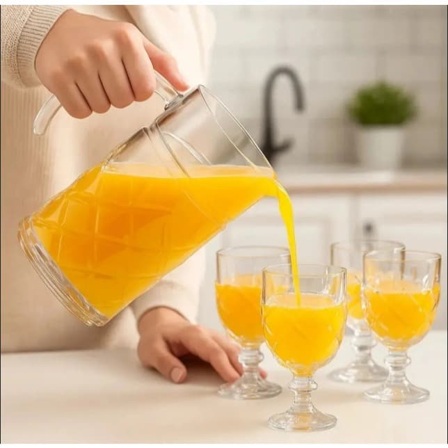 Jogo de Servir Pinea Luxo 7 Peças - Jarra 1,4L + 6 Taças 200ml de Vidro Premium