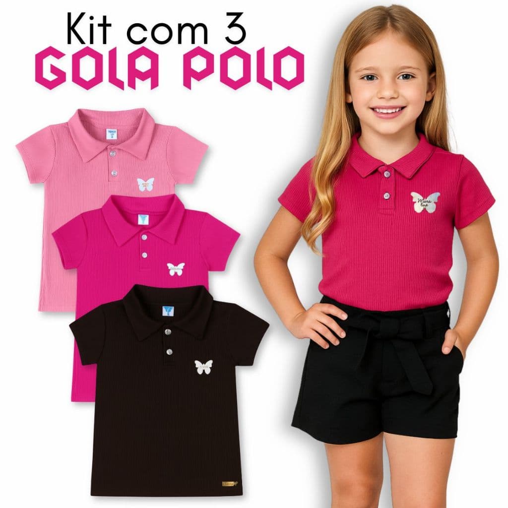 kit com 3 Camisas infantil gola polo menina com aplique borboleta e botões com brilho