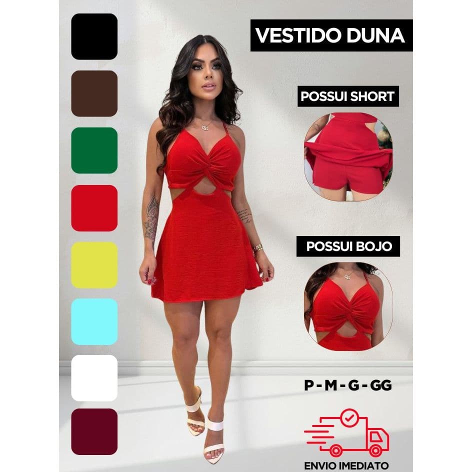 Vestido Curto Feminino com Short Interno  Macaquinho - Tecido Duna - Bojo + Recorte na Cintura Amarração nas Costas Nua