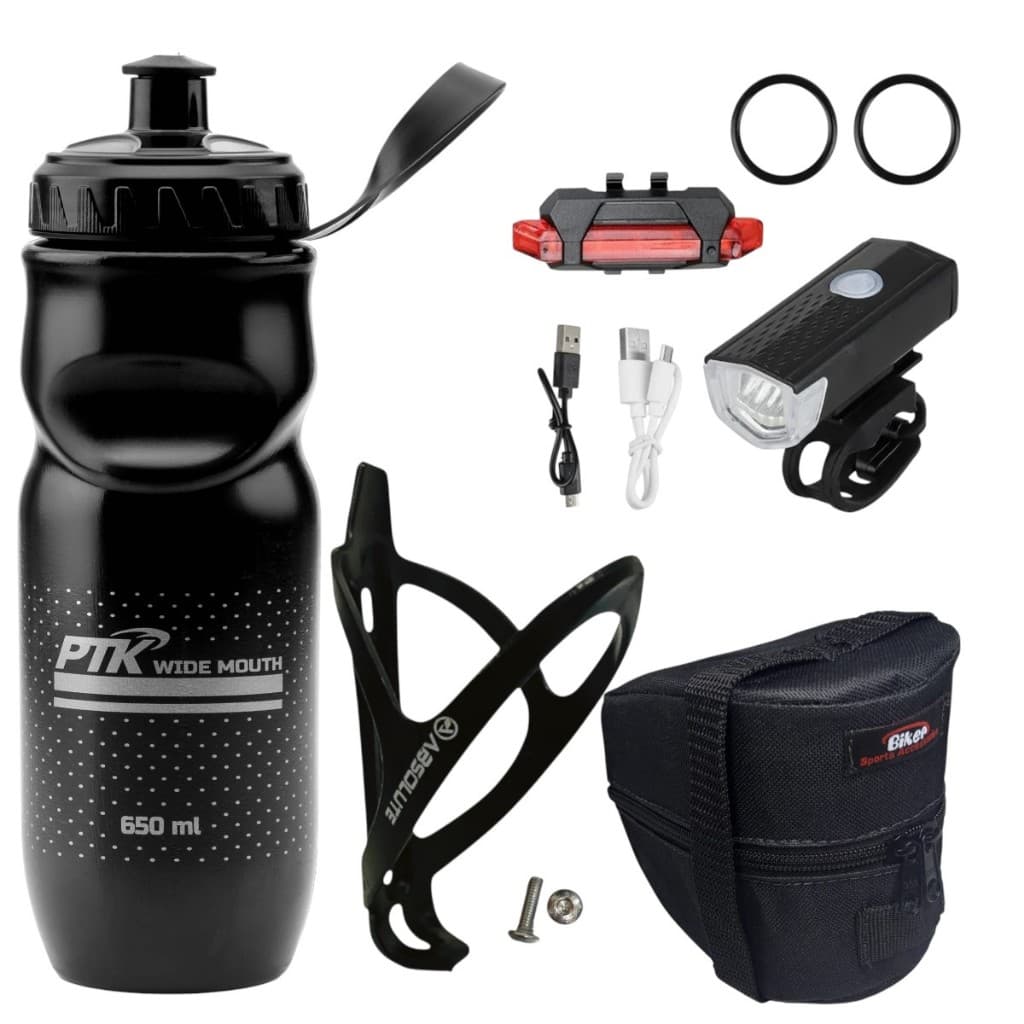 Kit ciclismo garrafa 650 ml+suporte absolute+bolsa de selin+kit farol e sinalizador