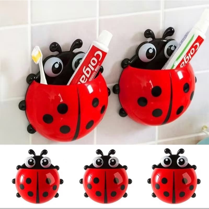 Kit 2 Porta Escovas de Dente e Porta Trecos Joaninha com Ventosa.