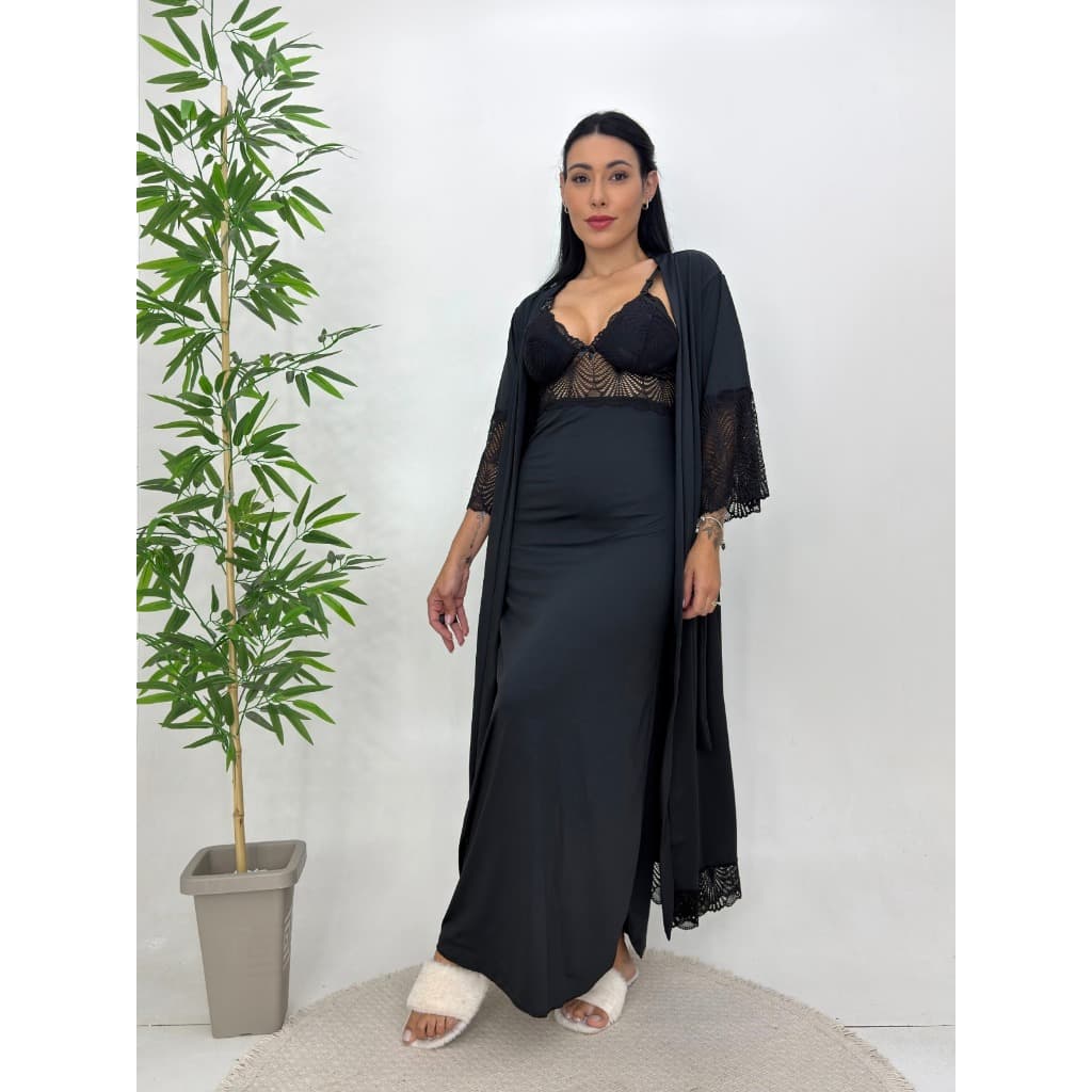 Camisola Amentação e Robe com Detalhes em Renda