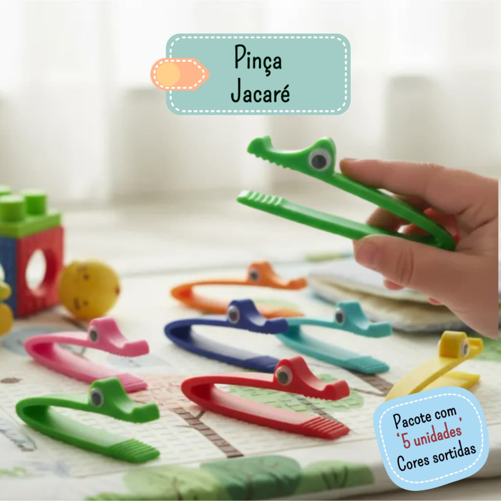 Kit com 5 Pinças Pedagógicas Jacaré – Coordenação Motora Fina, Escrita infantil, Atividade Sensorial