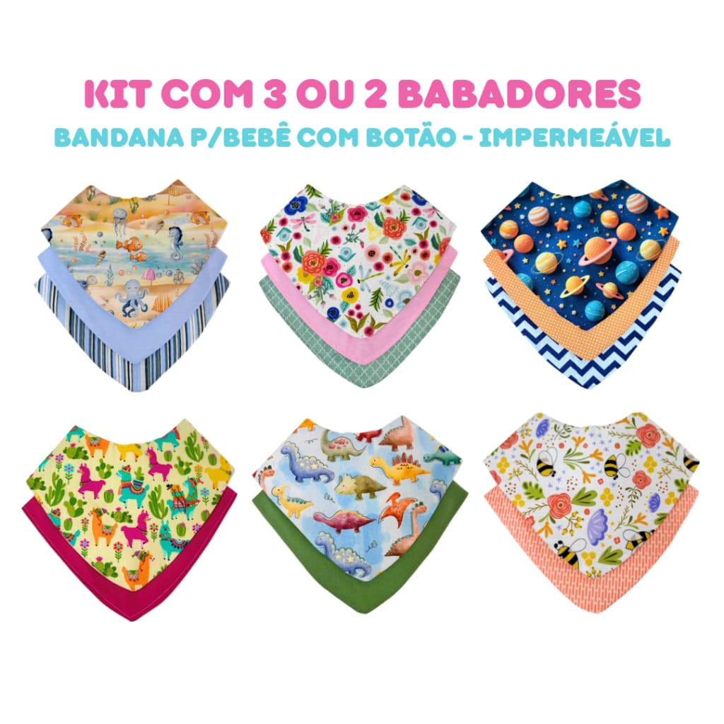 Kit 3 ou 2 Babador Bandana Impermeável 100% Algodão Com Botão para Bebê