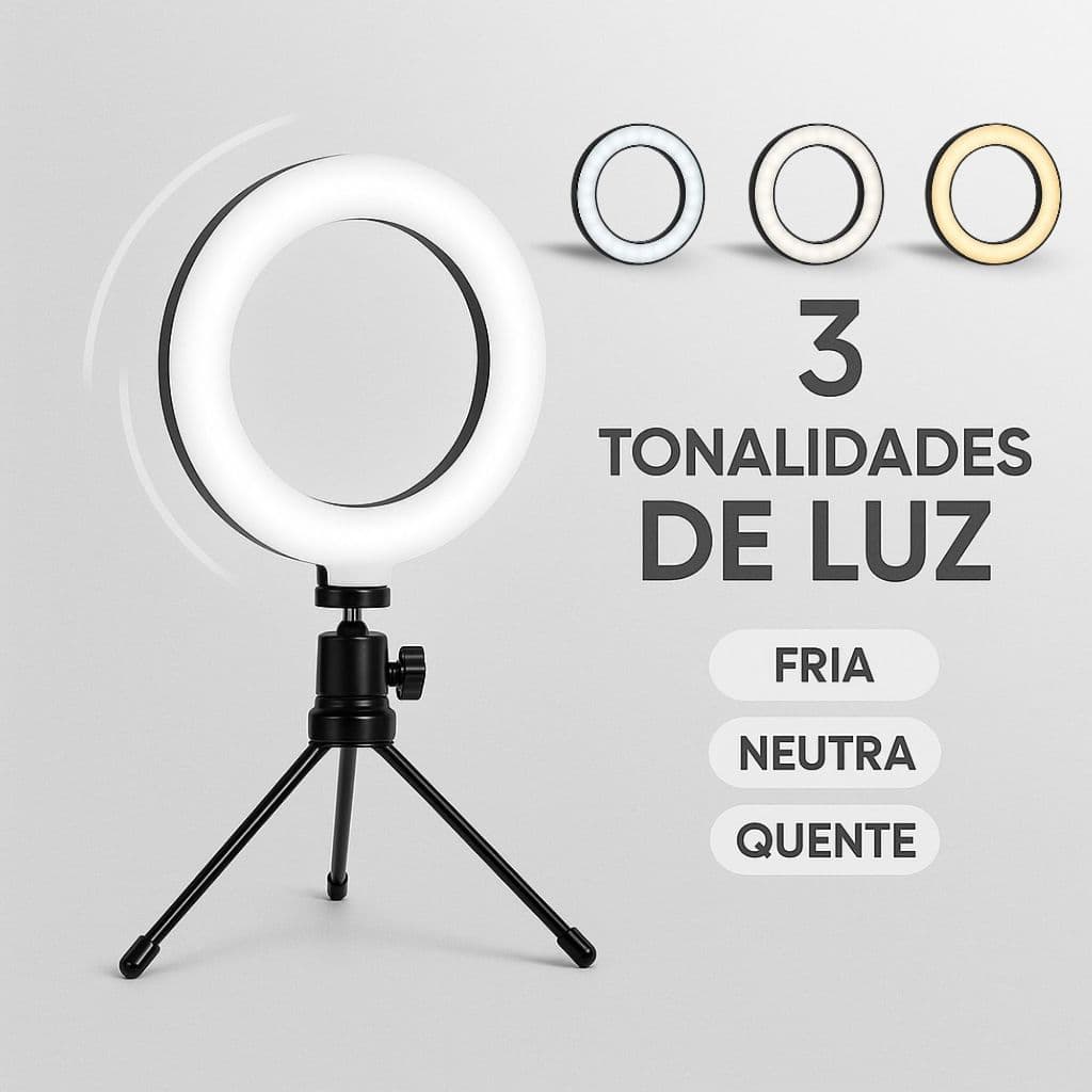 Ring Light 15cm Alto Brilho com Tripé 3 Cores Luminária Iluminador Para Fotos e Vídeos Profissionais