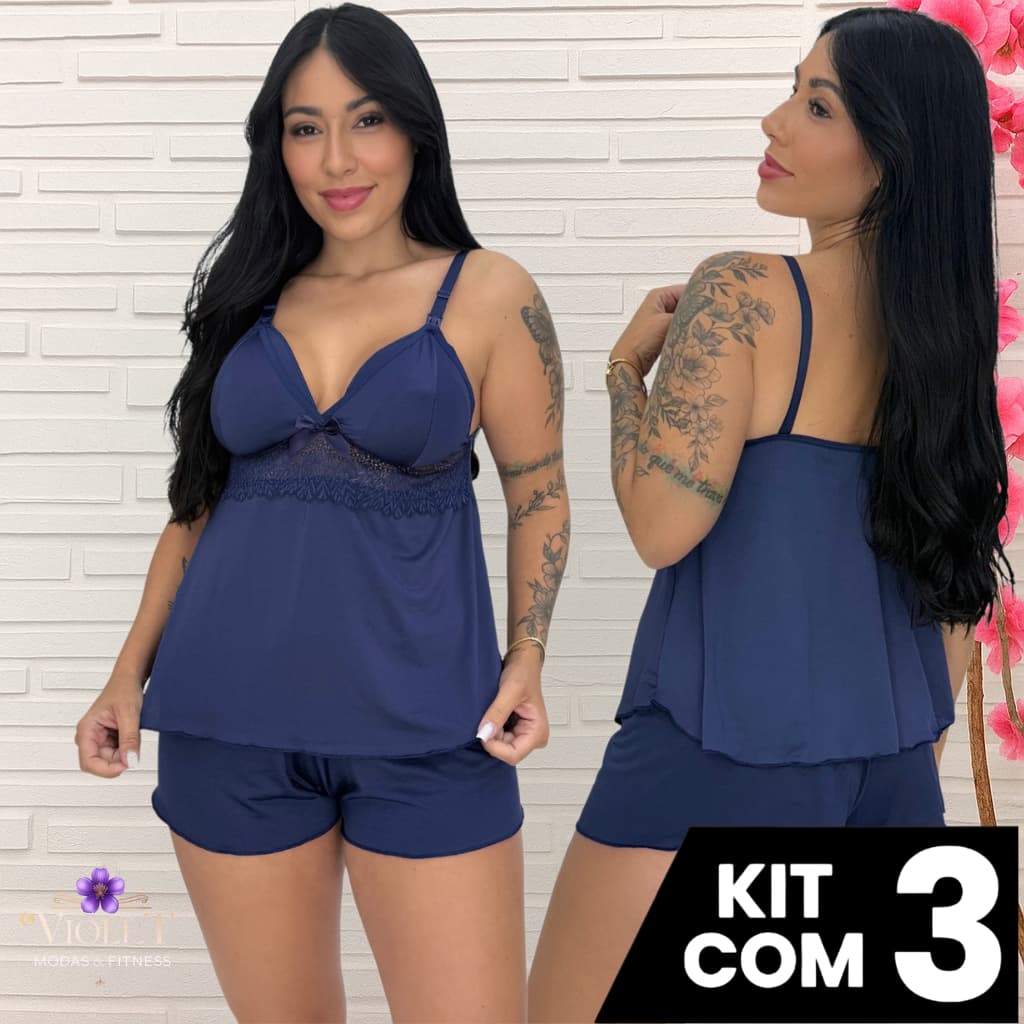 Kit 2 ao 3 Baby Doll Amamentação Com Click Abre Fácil Gestante Pós Parto Pijama Para Amamentar Com Renda