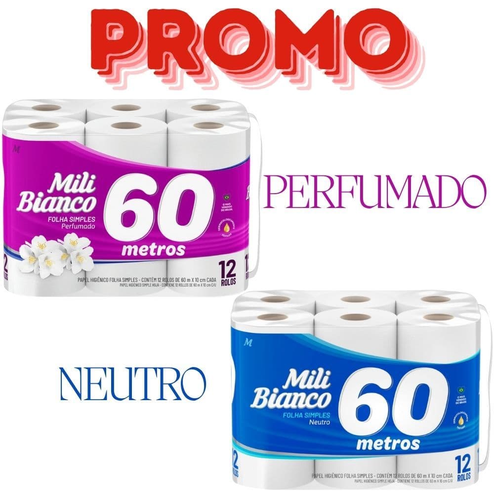 Papel Higiênico Mili 12 Rolos 60m Folha Simples Neutro ou Perfumado Mais Economia Qualidade e Maciez