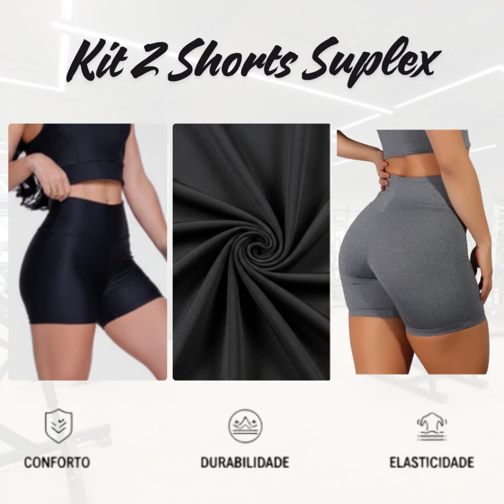 Kit 2 Shorts Legging Suplex Feminino Curto Fitness Academia Meia Coxa Liso Cós Alto