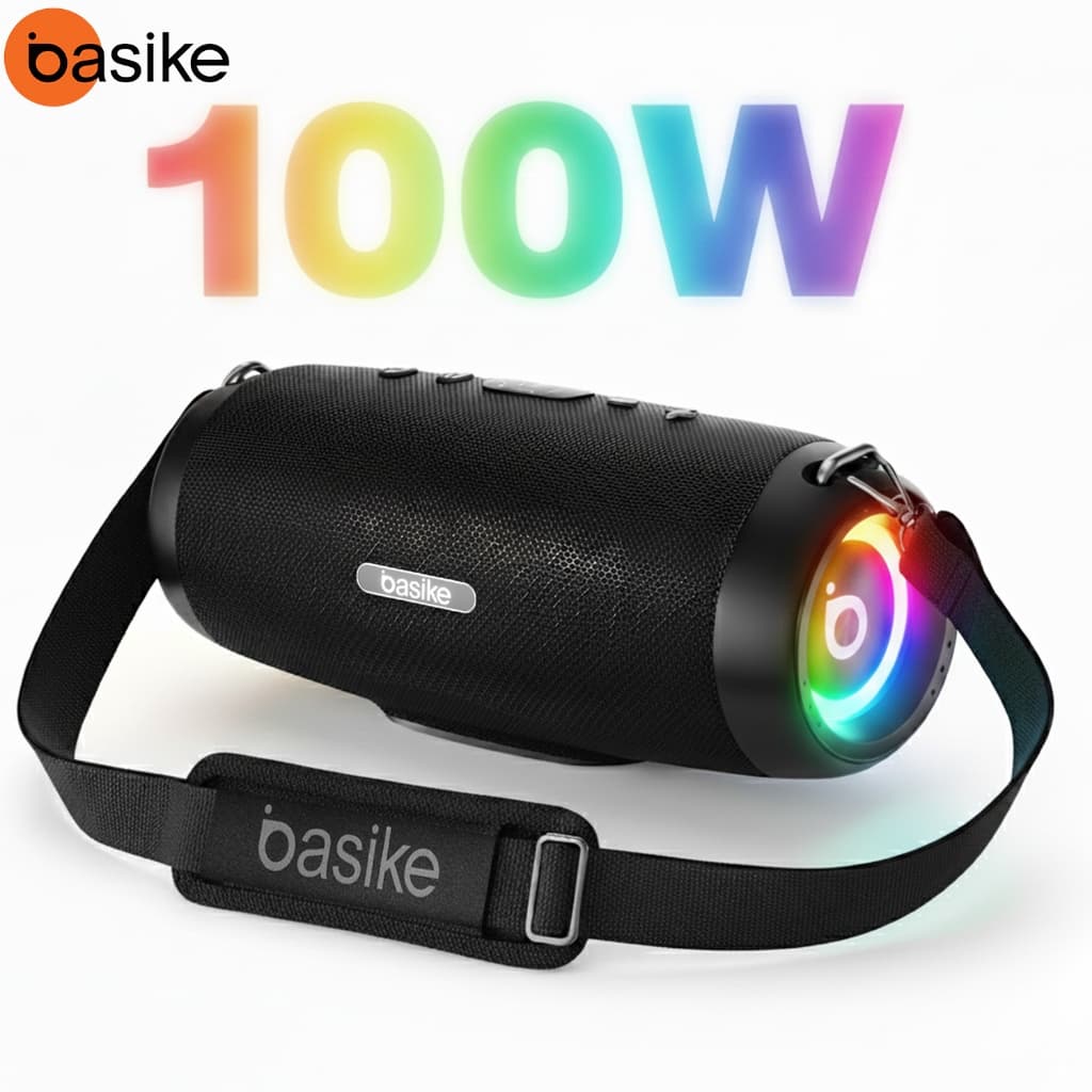 Basike Caixa de Som Bluetooth 100W Portátil Super Bass BOOST Festa PraiaTWS RGB Som Potente À Prova D'Água Alça de Ombro