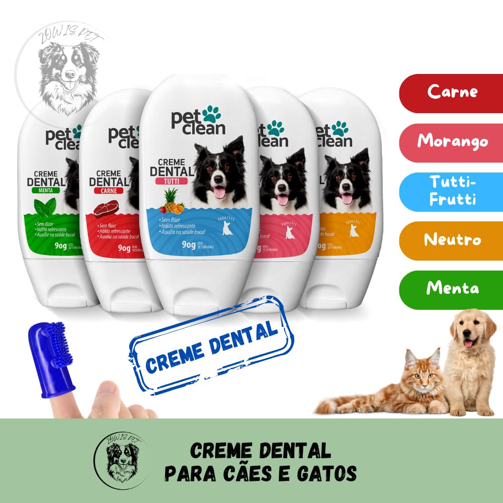 Creme Dental para Cães e Gatos 5 Sabores Morango Tutti Frutti Carne Menta Neutro 90g - Pet Clean