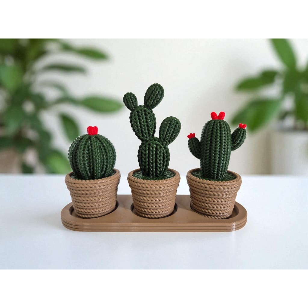 Kit 3 Vasos Decorativos Cactos 3D – Estilo Crochê, Decoração Minimalista Moderna