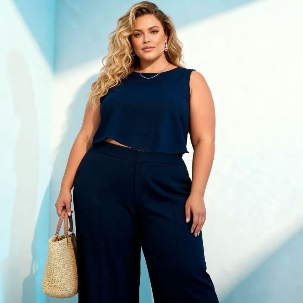 Conjunto Feminino Plus Size em Tecido Linho Premium Calça Pantalona Blusa Regata G1 G2 G3