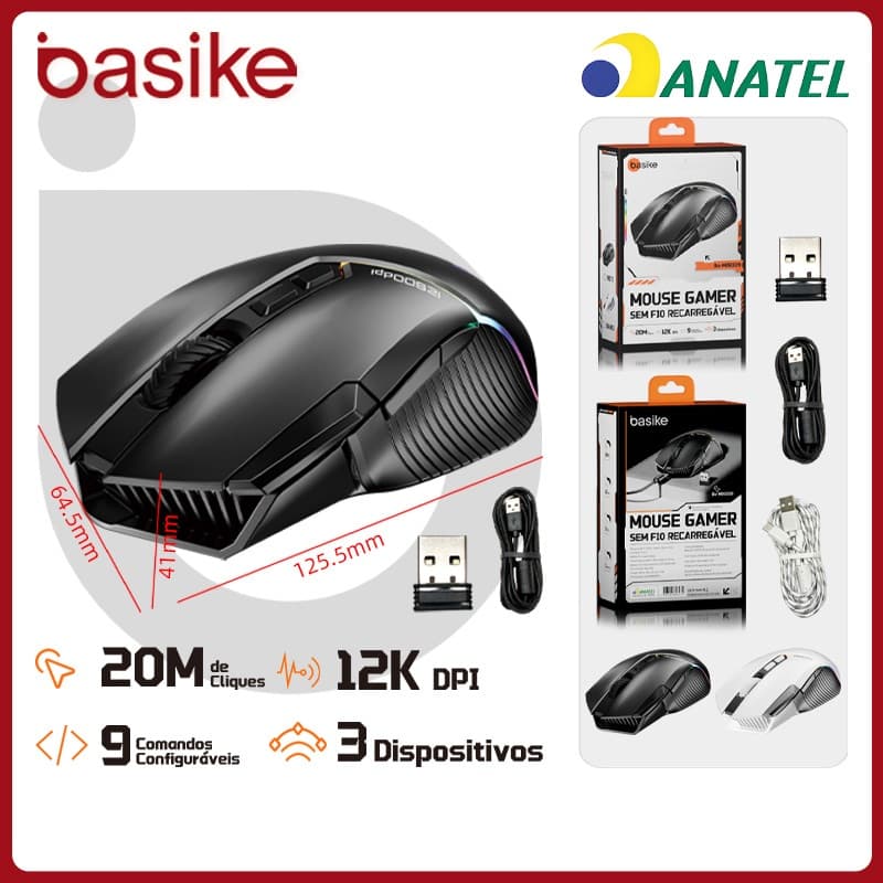 Basike Mouse Sem Fio BLuetooth 12000DPI Ajustável 3 Modos，Mouse Gamer Ergonômico RGB para Notebook，PC e Teclado，MOU339