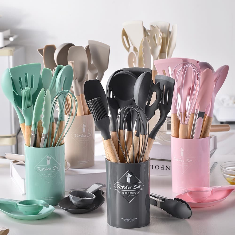 Jogo de Cozinha Kit 12 Pçs de Silicone Utensílios Antiaderente Resistente ao Calor e Copo Suporte para Cozinha
