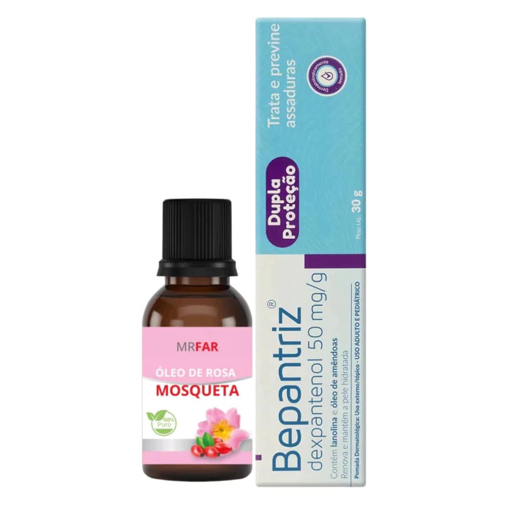 kit óleo de rosa mosqueta 100% puro mais pomada bepantriz clareamento, manchas, antissinais
