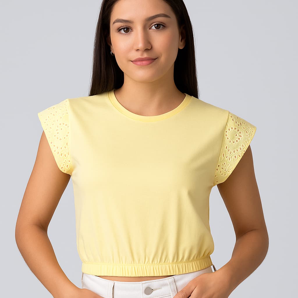 Cropped Feminino Algodão Elástico Na Barra Manga Laise Bordado Básico Confortável Verão 25641-A