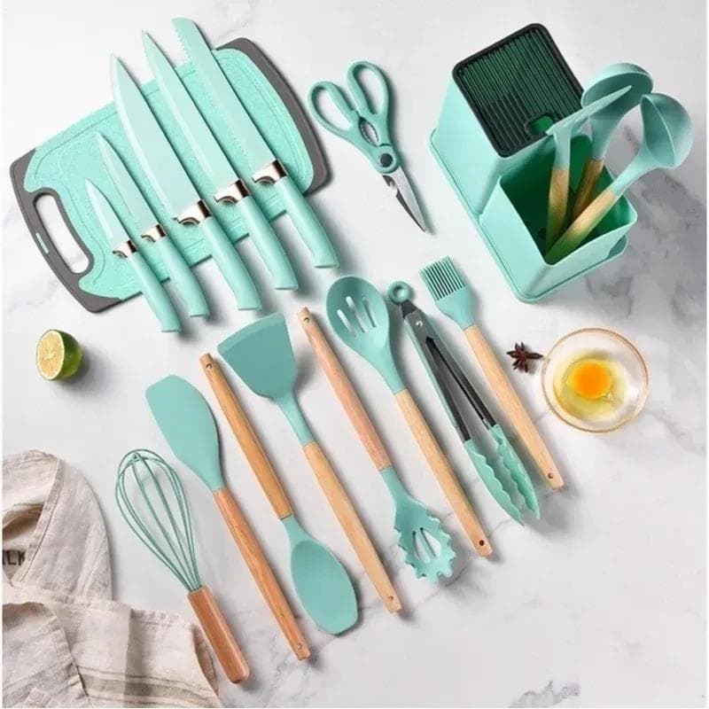 Jogo de Cozinha 19 Peças Luxo Completo Antiaderente e Resistente ao Calor Conjunto de Utensílios de Silicone