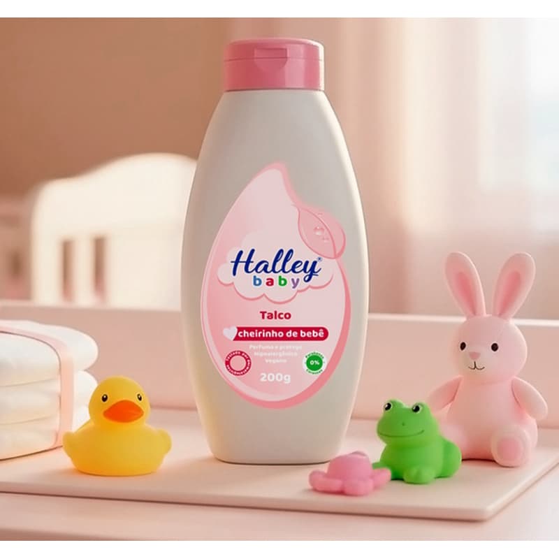 1 Frasco Talco Infantil Cheirinho de Bebê Rosa - Menina - Perfuma e Protege Hipoalergenico Vegano Halley Baby 200 gramas