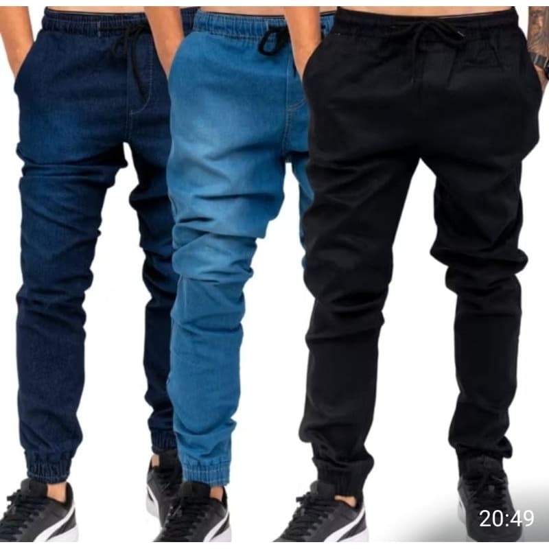 Kit 3 Calças Jogger Jeans Escura, Jeans e Sarja Preta, Streetwear, Elastano, Lycra