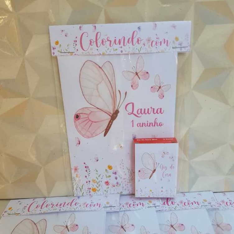 Kit Mini Livrinho de Colorir com Giz de Cera Lembrancinha de Festa Personalizada Borboleta Jardim Encantado