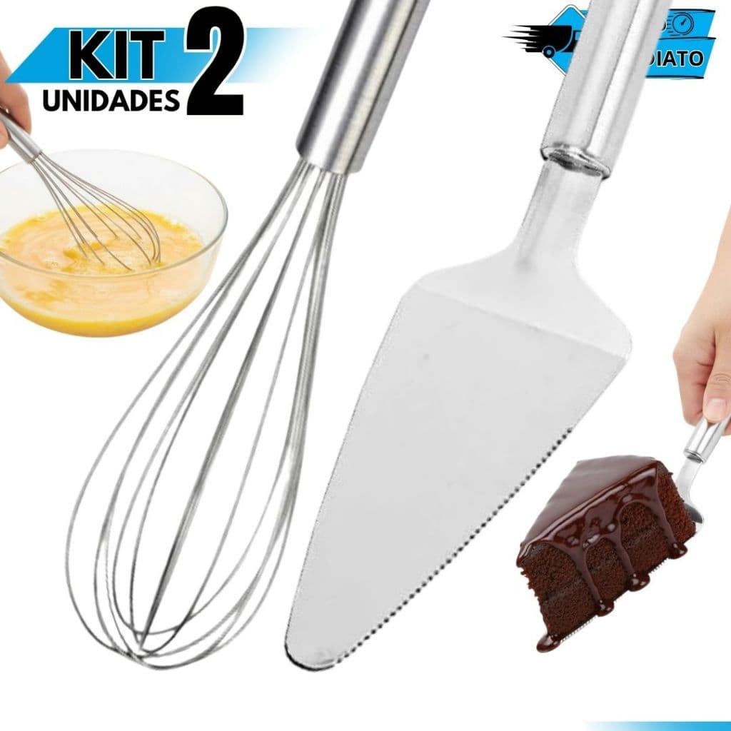 Kit Fouet Batedor de Arame + Espátula de Bolo Cozinha Confeitaria Inox