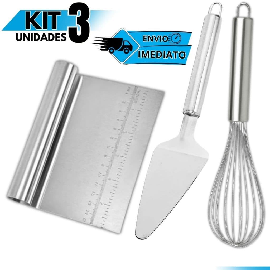 Kit Confeiteiro 3 Peças: Fouet Inox + Espátula Bolo + Raspador Cortador de Massa Cozinha