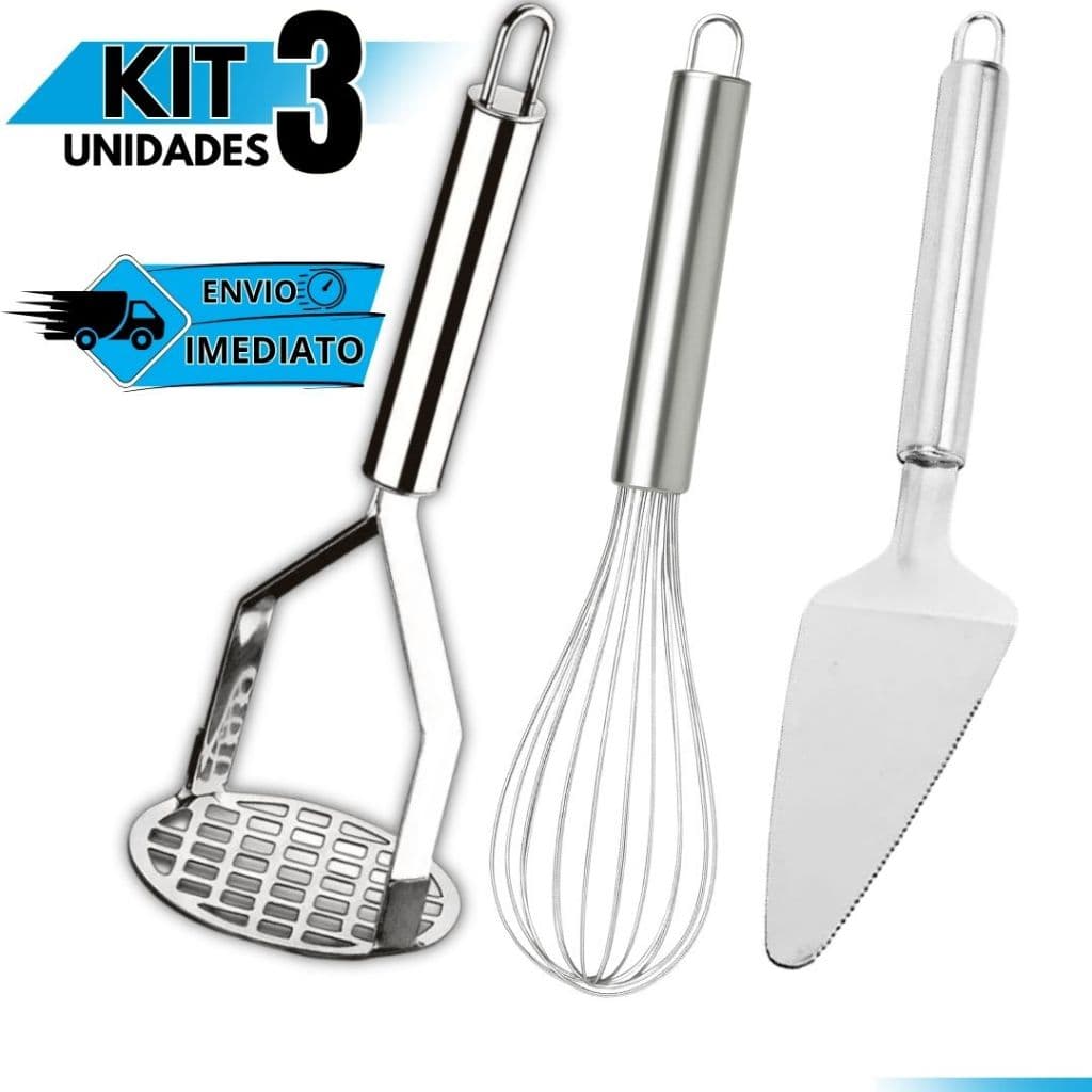 Kit Cozinha 3 Peças: Amassador de Batatas Inox + Fouet + Espátula de Bolo Utensílios Domésticos