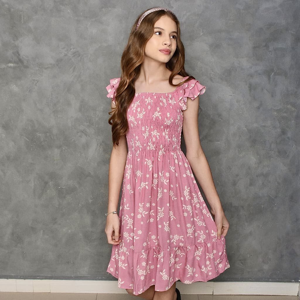 VESTIDO JUVENIL E INFANTIL VERÃO ESTAMPADO TAMANHOS 10 AO 16 VISCOLINHO MANGA COM BABADOS
