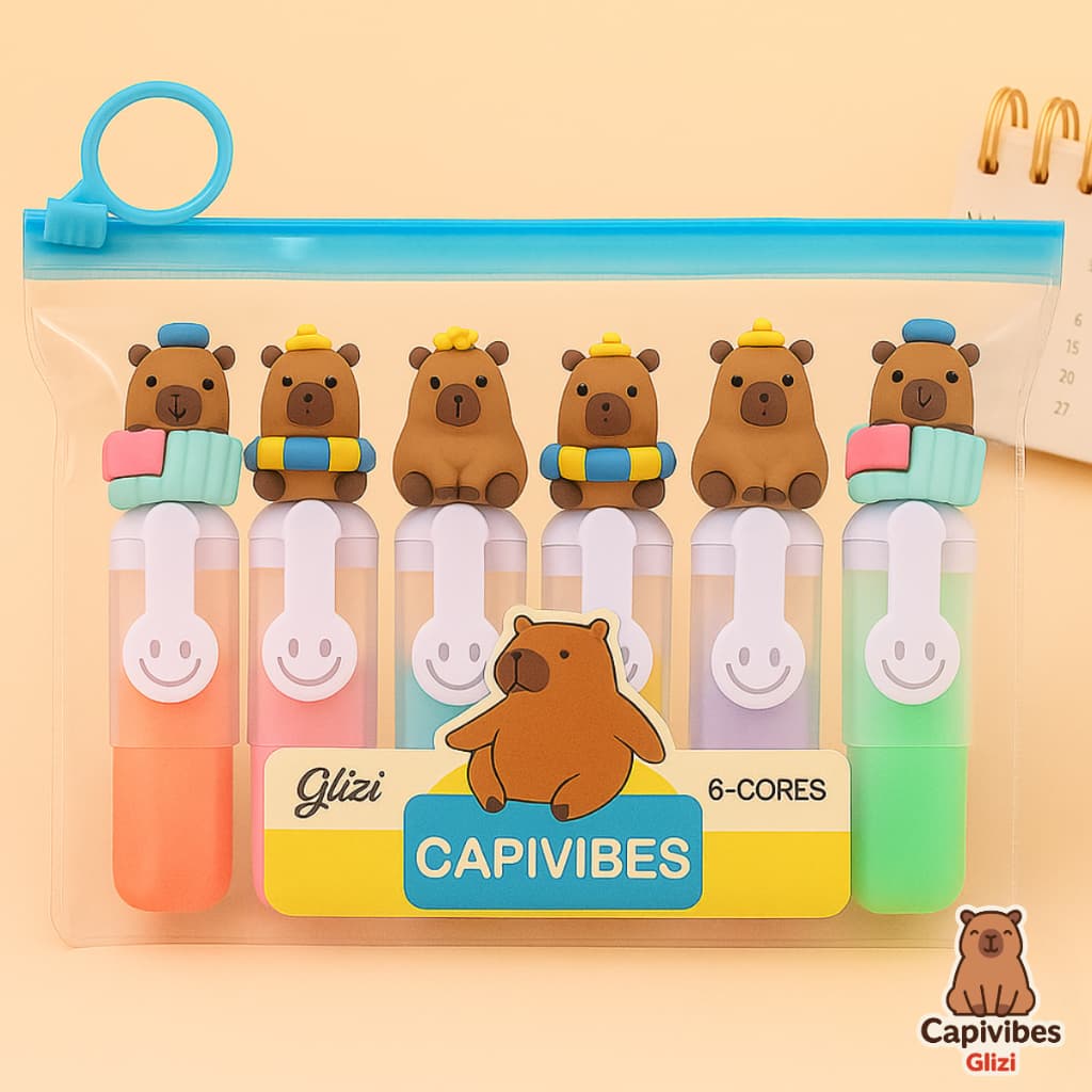 Kit Capivara Marca Texto Glizi Capivibes 6 Cores | Caneta Marcador Pastel Cute | Papelaria Criativa