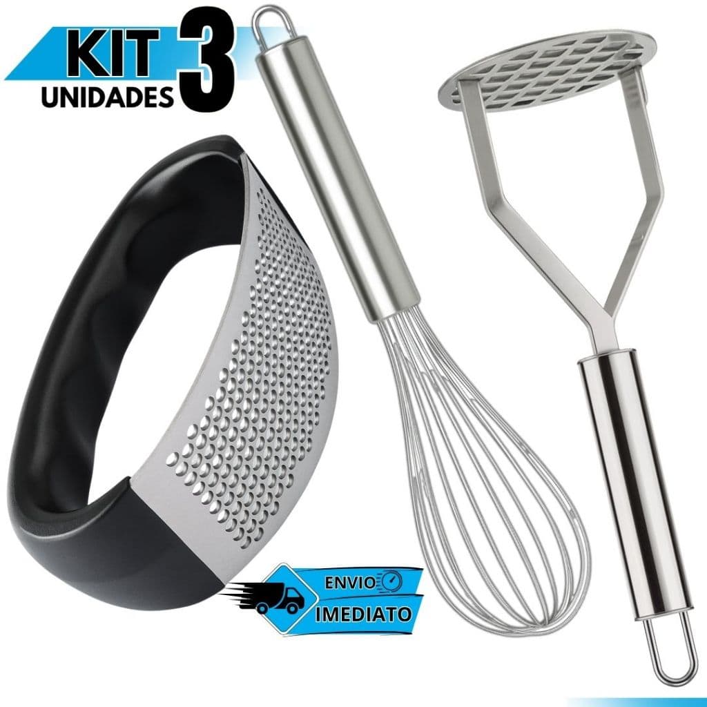 Kit Utensílios Aço Inox – Amassador de Batata, Espremedor de Alho e Fouet Batedor de Ovos