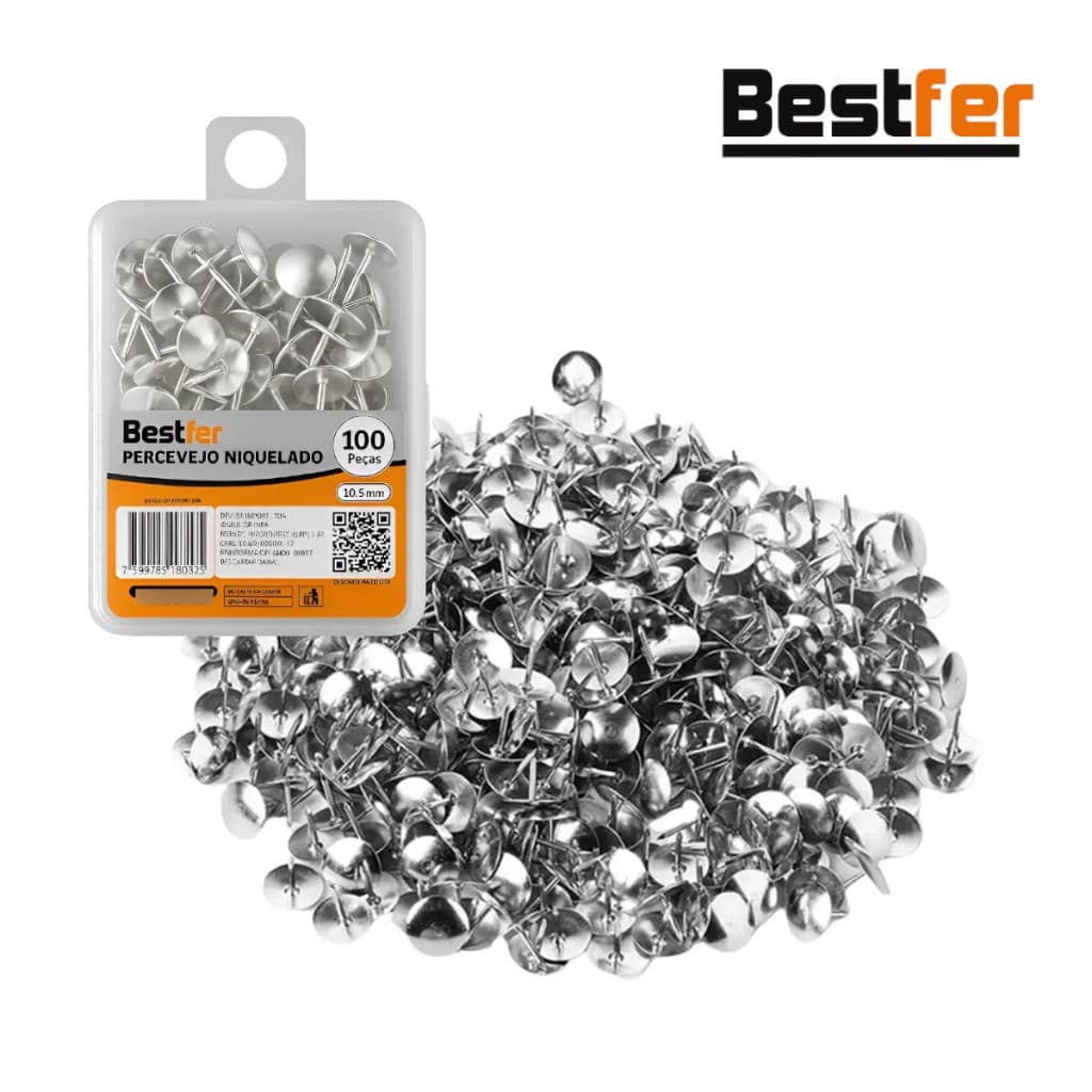 Percevejo Niquelado Prateado Tachinha 10,5mm Com Estojo