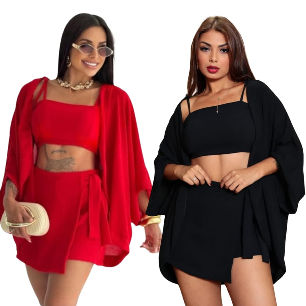 Conjunto Kimono Cropped Short Saia Feminino Fim de Ano Natal Ano Novo Tecido Duna