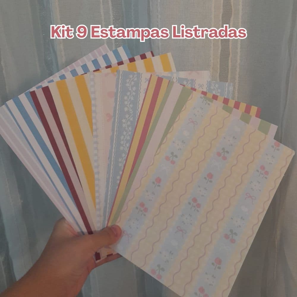 Kit 9 Papéis Decorados Listrados 180g – Estampas A5 para Scrapbook, Journal