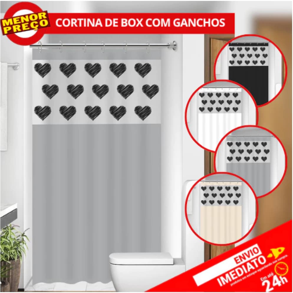 Cortina Box com Visor Coração p/ Banheiro Anti Mofo Resistente Alta Qualidade 100% PVC Várias Cores