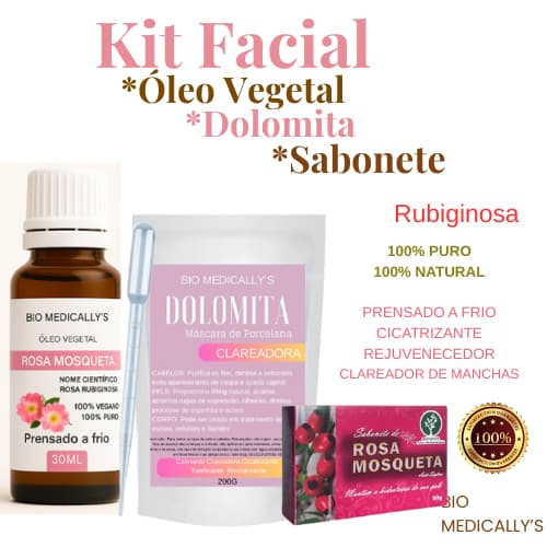 Kit Skin Care Óleo Vegetal Rosa Mosqueta 30ml + Sabonete 90g + Dolomita 200g+ Pipeta (4PEÇAS)