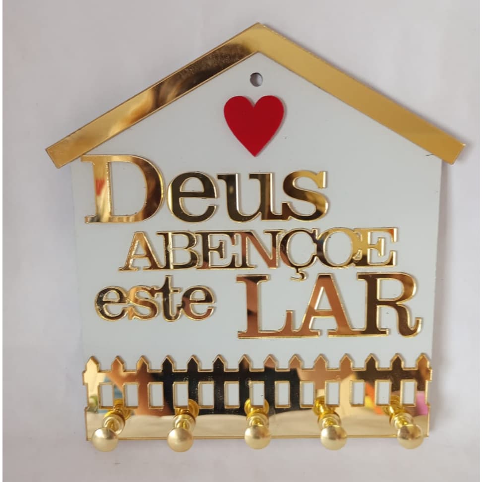 Porta Chave Decorativo em ACM BRANCO/DOURADO  Deus Abençoe Este Lar com 5 Ganchos e Fita Dupla Face