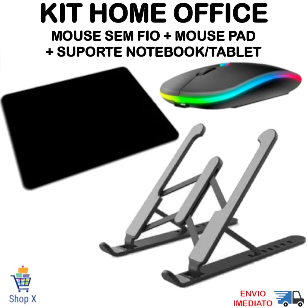 Kit Mouse Sem Fio Recarregável mais Suporte Notebook Tablet Regulável e Mousepad Home Office