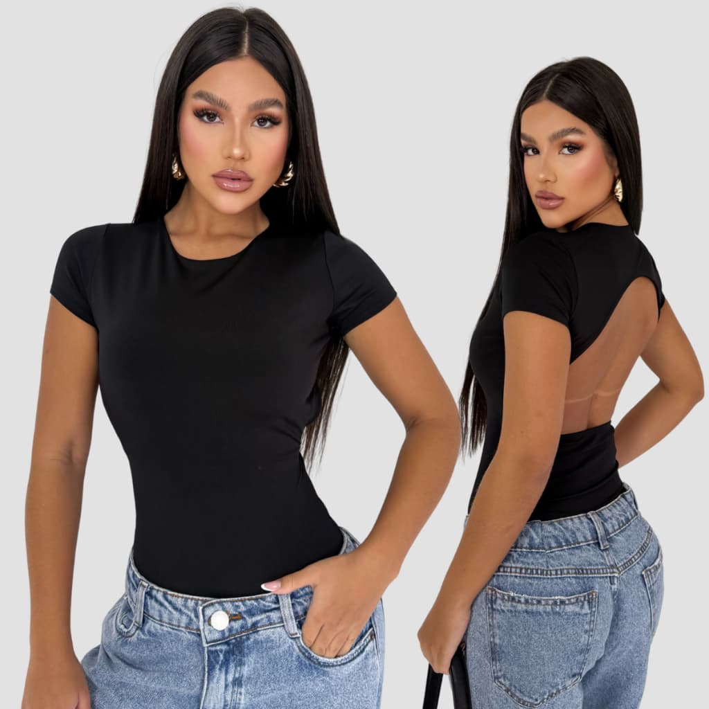Body Feminino Manga Curta Suplex Costa Nua Forro Duplo