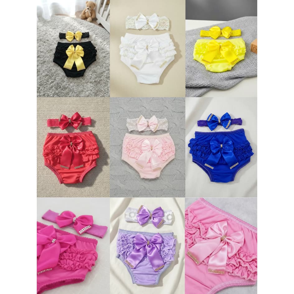 Calcinha Bunda Rica Bebê Luxo + Faixa de cabelo Laço Strass Presente Infantil Menina