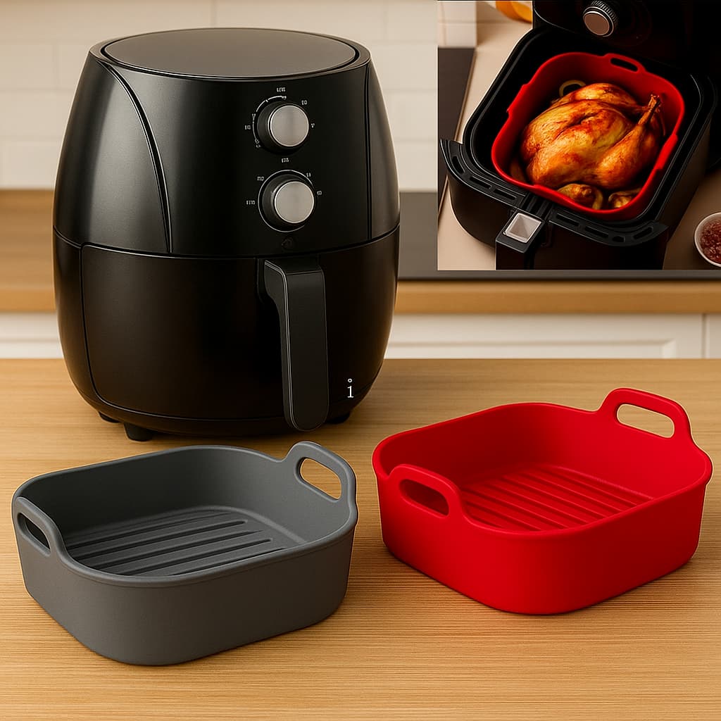 Forma de Silicone Air Fryer Assadeira Fritadeira Quadrada Antiaderente Vermelho/Cinza
