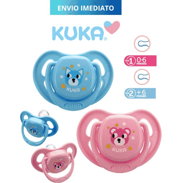 Chupeta Kuka Smart Bico Silicone Redondo Reto 0-6 meses ou 6+ meses Com Alca e Furos de Ventilação