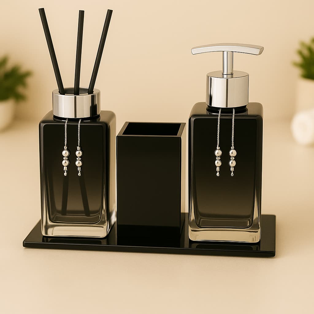 Kit Lavabo Luxo Sabonete Líquido C/ Porta Escovas e Aromatizante De Ambiente C/Bandeja