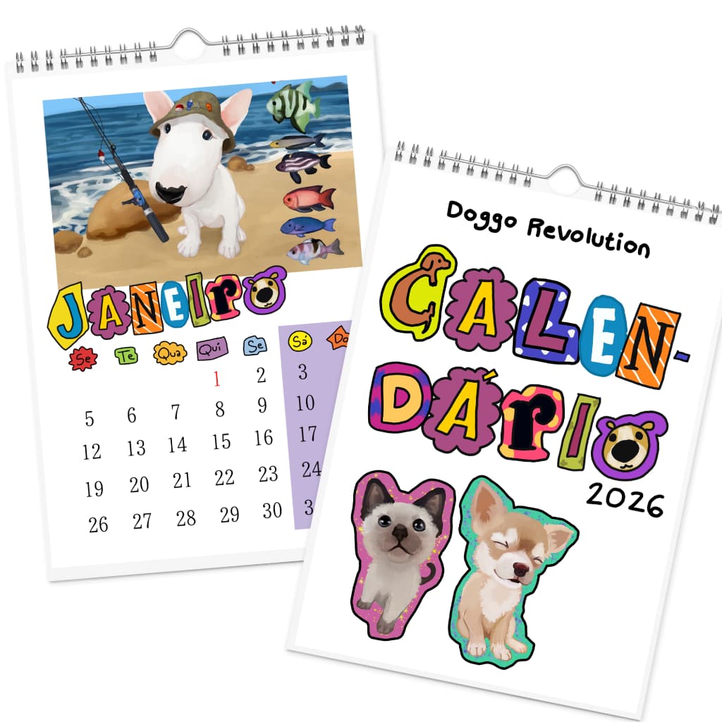 Calendário de parede 2026 a4 7 folhas cachorros e gatos doggo revolution
