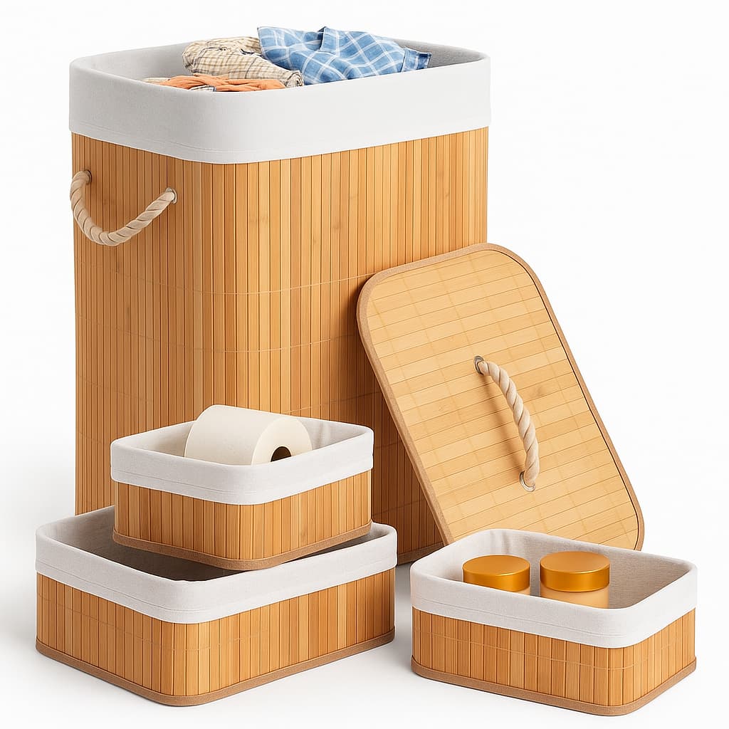 Cesto Roupa Bambu Retangular Com Tampa Alças Banheiro Bege