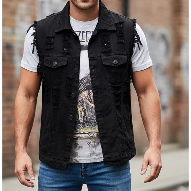 Colete Jeans Masculino Rasgado Destroyed Moto