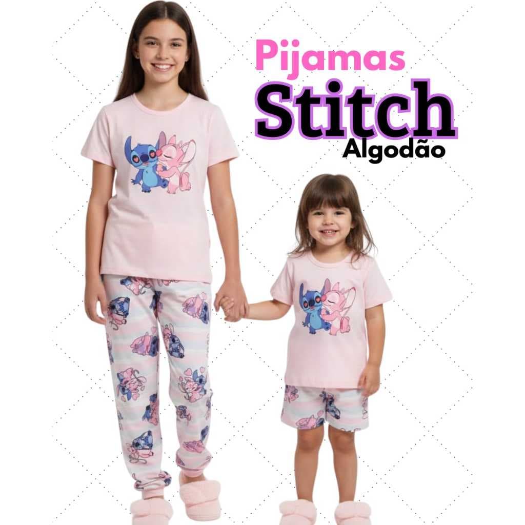 Pijama Menina Stitch Infantil Personagem Algodão fio 30.1 Envio Imediato
