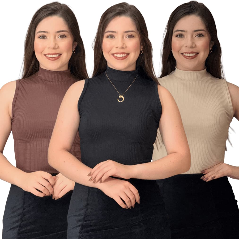 Kit 3 Blusa Blusinha Feminina Regata Canelada Premium Gola Alta Tendência Moda Multiuso